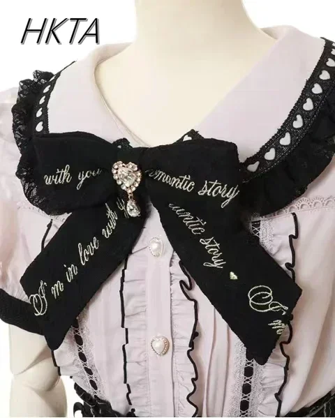 Rojita Style Lace Bow Doll Collar Lolita Shirt Summer Fashion Women's Tops Sweet Rhinestone Bow Slim Short Sleeve Blouses Female