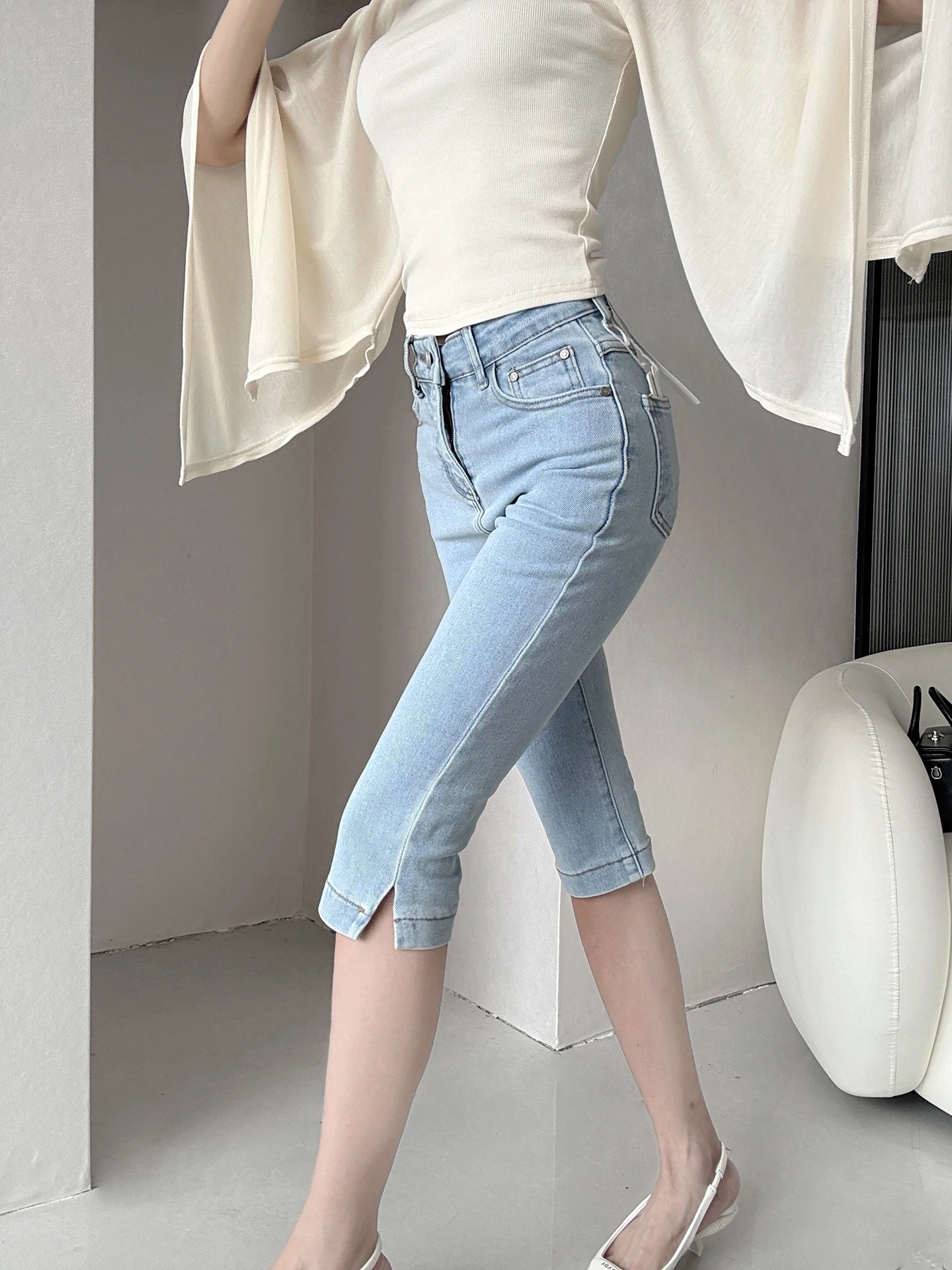 High Waist Slim Fit Capri Pants Women's Elastic Fashionable Seven-Foot Lengthside Split Jeans Cotton Village Brand