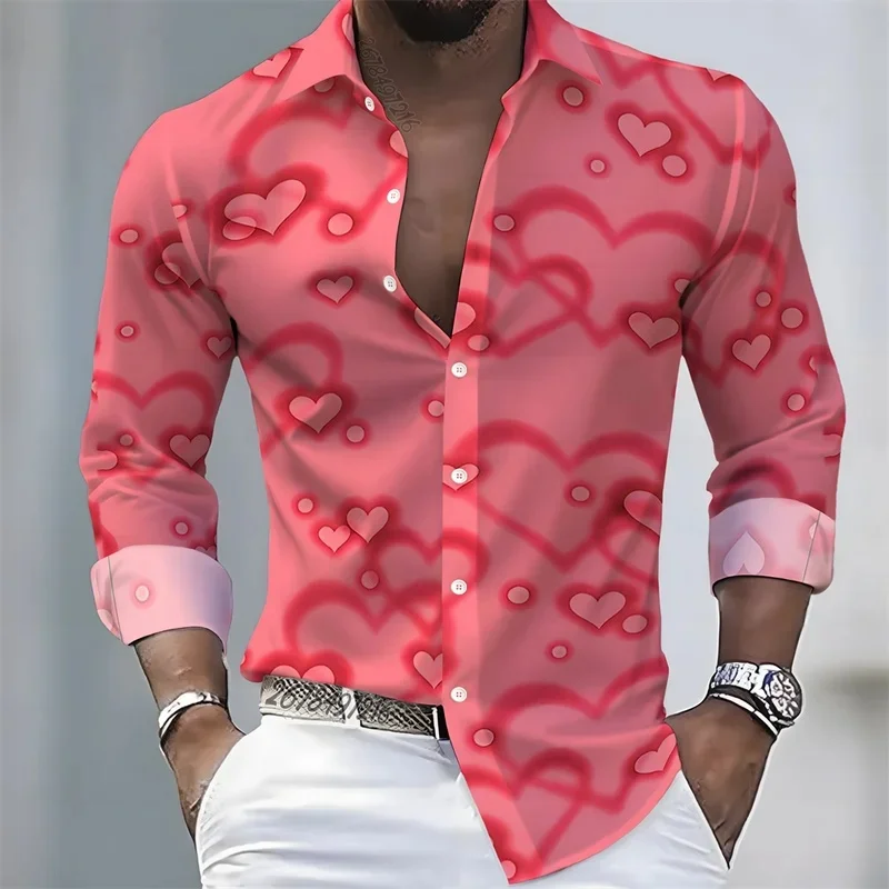 2026 New Men's Long-Sleeved Shirt with Heart Print Pattern, Stylish and Handsome, Festive Men's Lapel Top