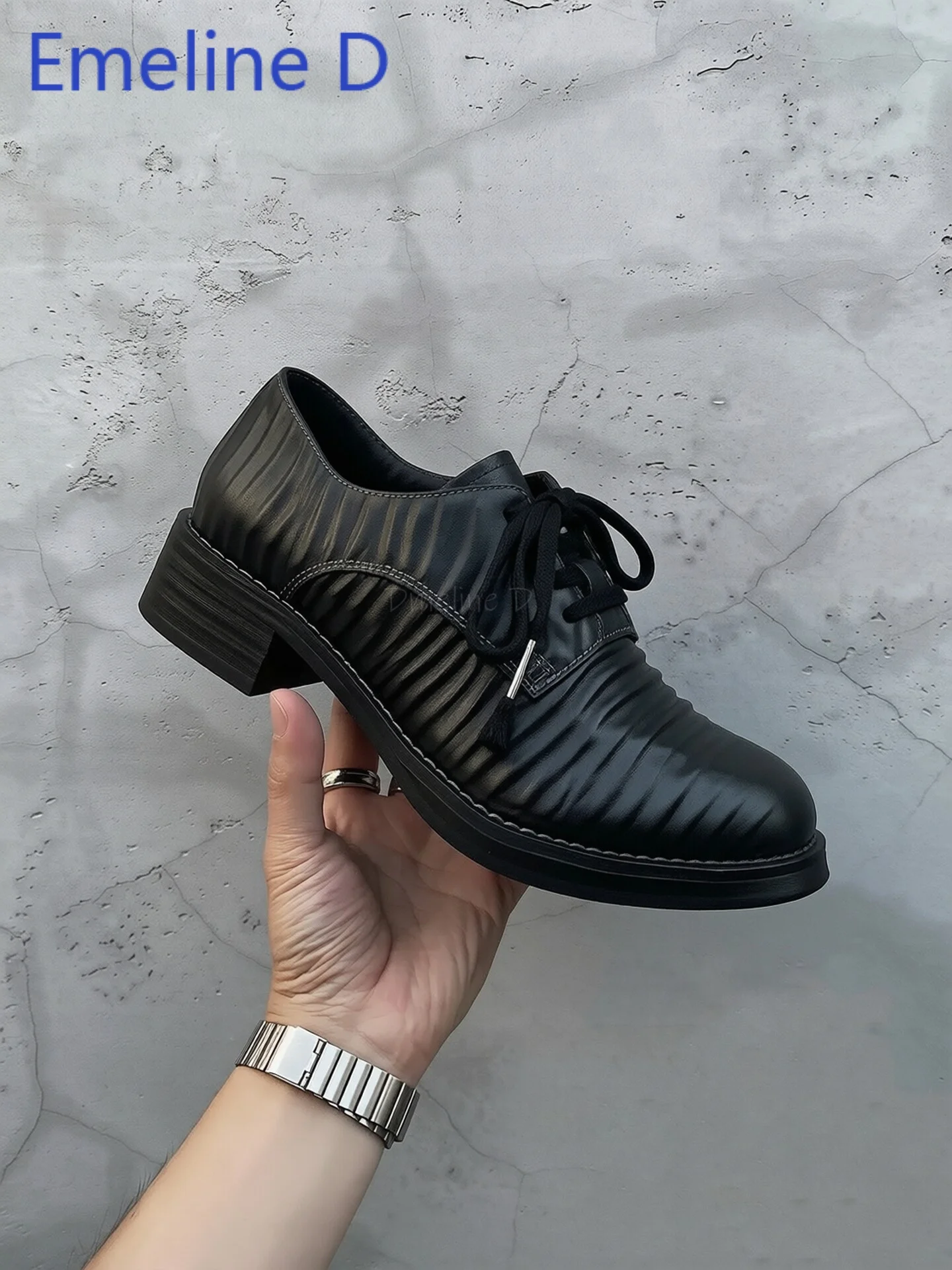 Men Pleated Derby Shoes Textured Faux Leather Upper Lace Up Round Toe Block Heel Thick Sole Retro Street Formal Daily Footwear