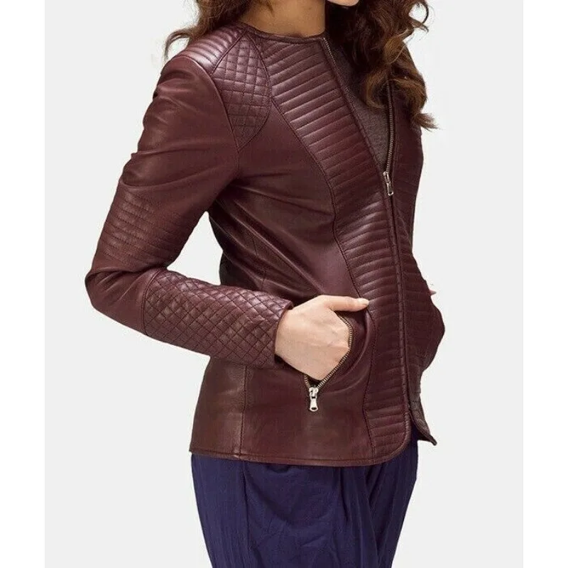 Veste en cuir marron pour femme, manteau d'hiver décontracté en peau de mouton véritable, décoration à rayures élégantes, manteau en cuir véritable authentique