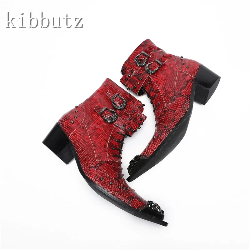 Red Snakeskin Pattern Men Genuine Leather Boots Fashion Rock Rivets Metal Toe Belt Buckle High Heels Ankle Boots