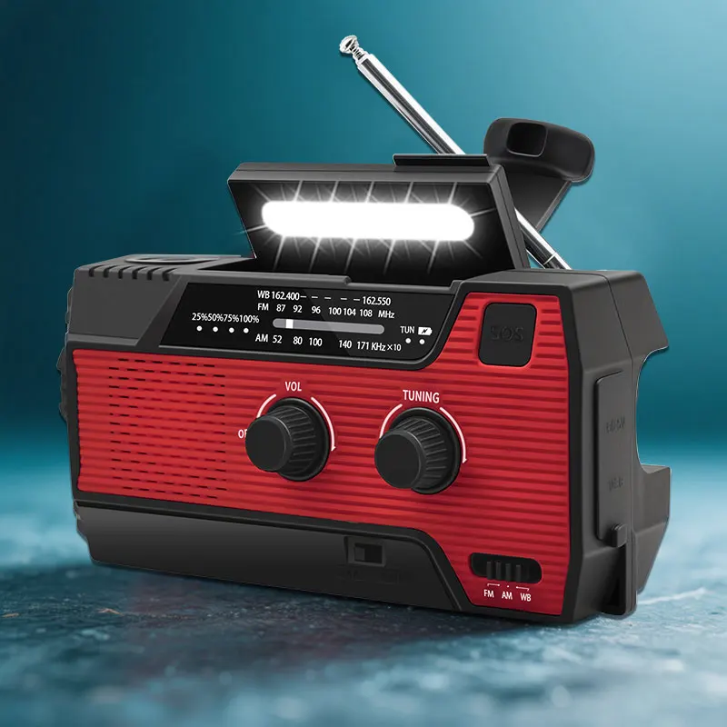FM Radio Weather Receiver 4000mAh Multifunctional Solar Hand Crank Radio USB Charging Emergency Radio LED Flashlight Power Ban