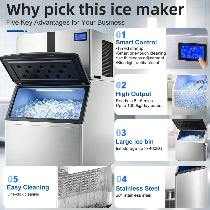 Airo Commercial Ice Maker 1ton Automatic Self Cleaning 32mm Cube Adjustable Thickness Industrial Grade for Ice Plant Production