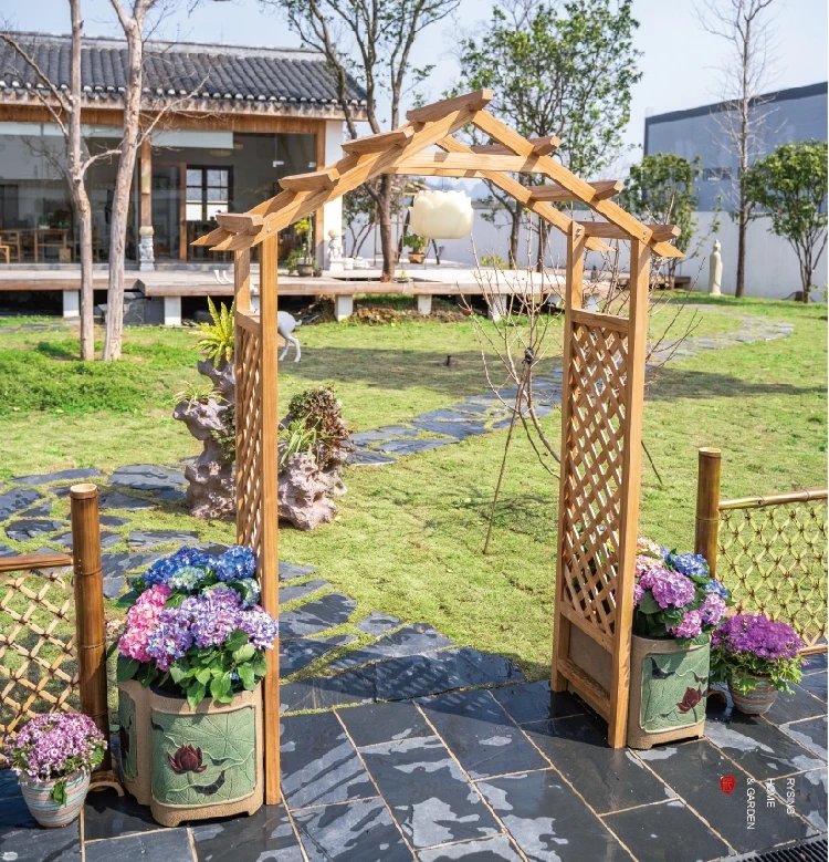 Garden landscaping, outdoor teak arch, flower rack with flower box, courtyard, rose climbing vine rack, grape rack
