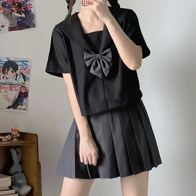 Traje de marinero con solapa y pajarita, uniforme escolar JK para niñas, camisa negra para estudiantes, Top de manga larga corta