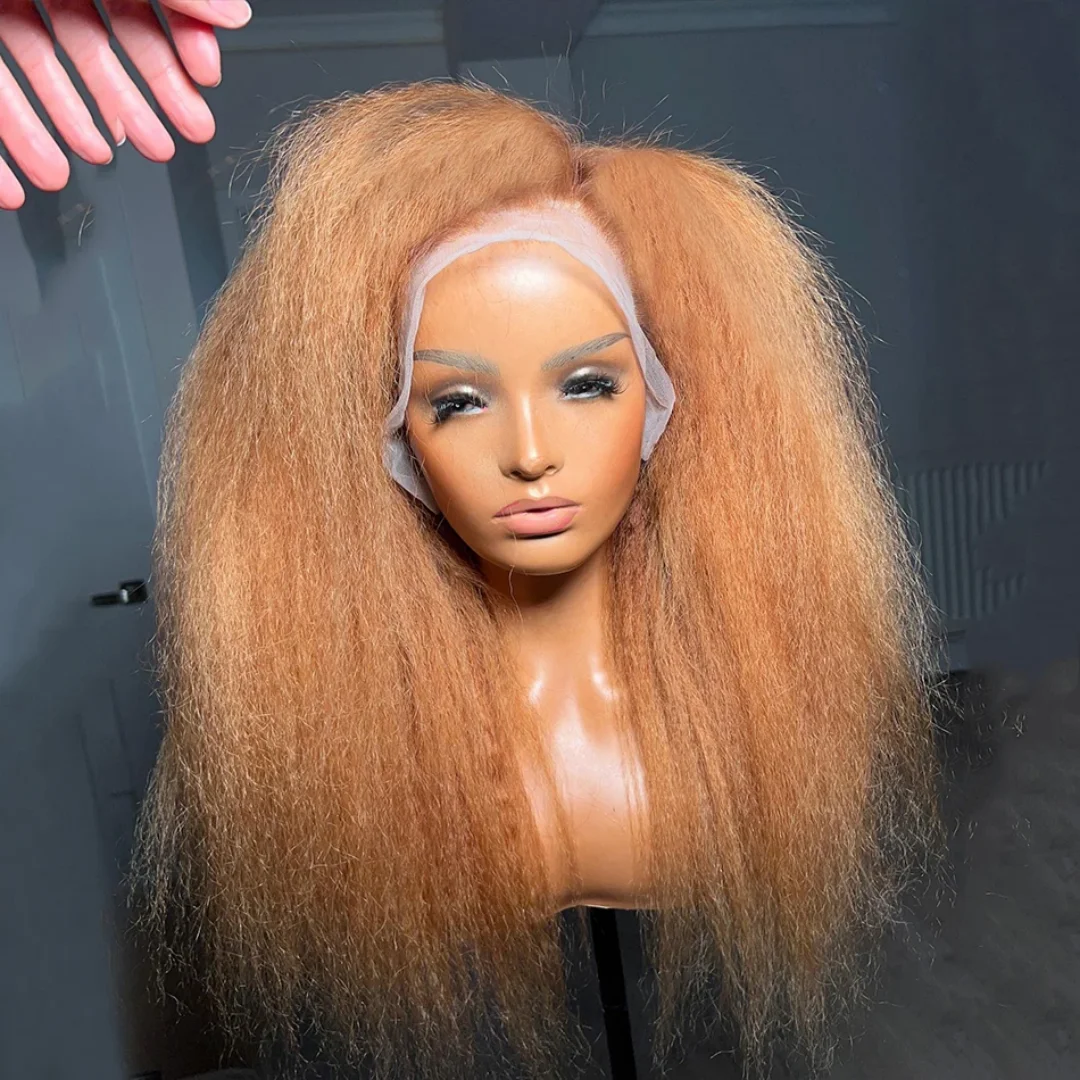 Natural blond Soft 28Inch Long Glueless Kinky Straight Yaki Lace Front Wig For Women With Baby Hair Preplucked Daily