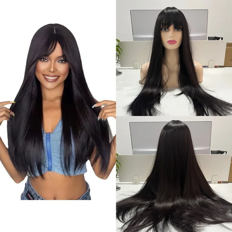 European and American style black long straight wig with bangs, popular cross-border product, high-temperature synthetic fiber f