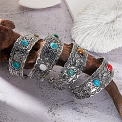 Vintage Antique Silver Color Natural Stone Wide Bangles Bracelets For Women Chinese Style Retro Gold Color Cuff Bracelet Jewelry