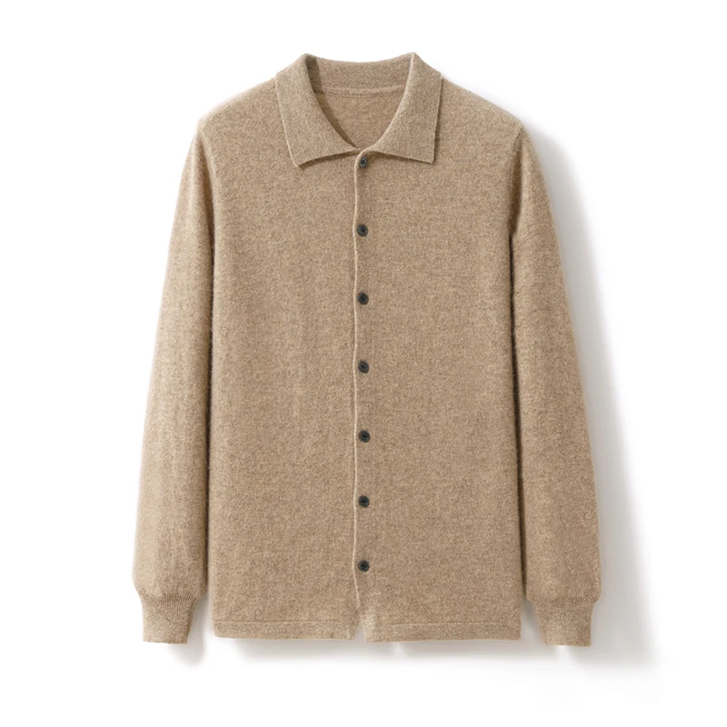 

Fashion 100% Merino Wool Basic Solid Color Polo Collar Long Sleeves Cardigan Cashmere Soft Comfortable Men's Clothing Top