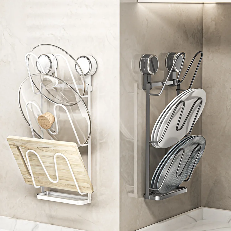 

Kitchen Anti-fall Wall Mounted Pot Lid Rack Stand Aluminum Pan Cover Holder Cutting Board Storage Shelf Punch-free Drain Holder