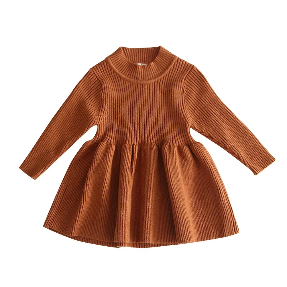 

Girls Knitted Dress Autumn Winter Kids Long Sleeve Simple Fashion 73cm Brown Baby Toddlers Keep Warm Daily Casual Wear