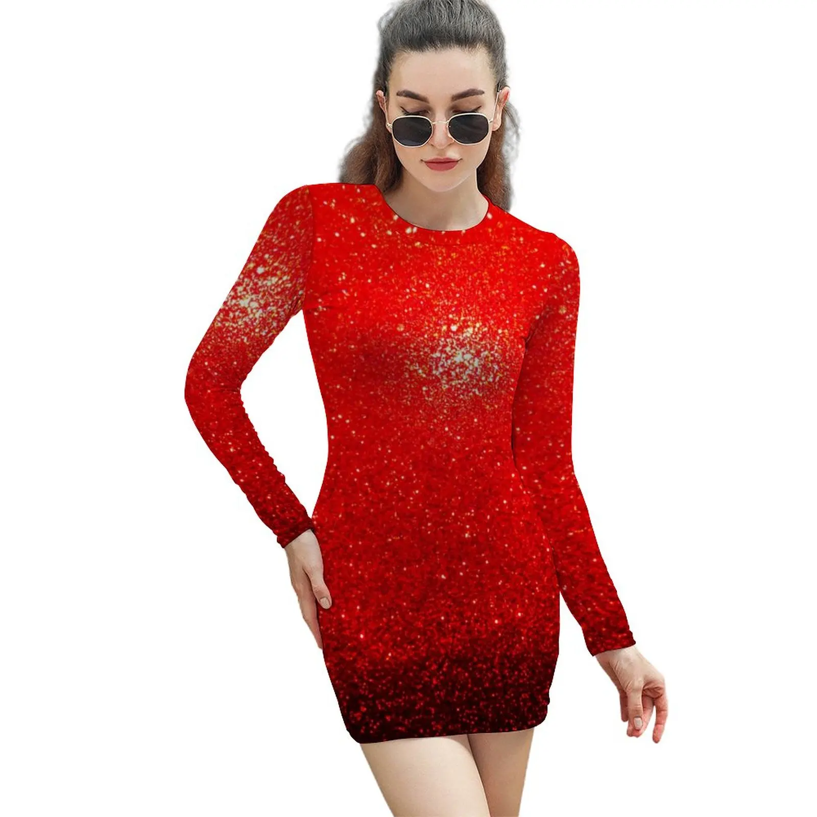 Metallic Print Dress Long Sleeve Sparks Of Red Elegant Dresses Autumn Female Street Wear Graphic Bodycon Dress Big Size