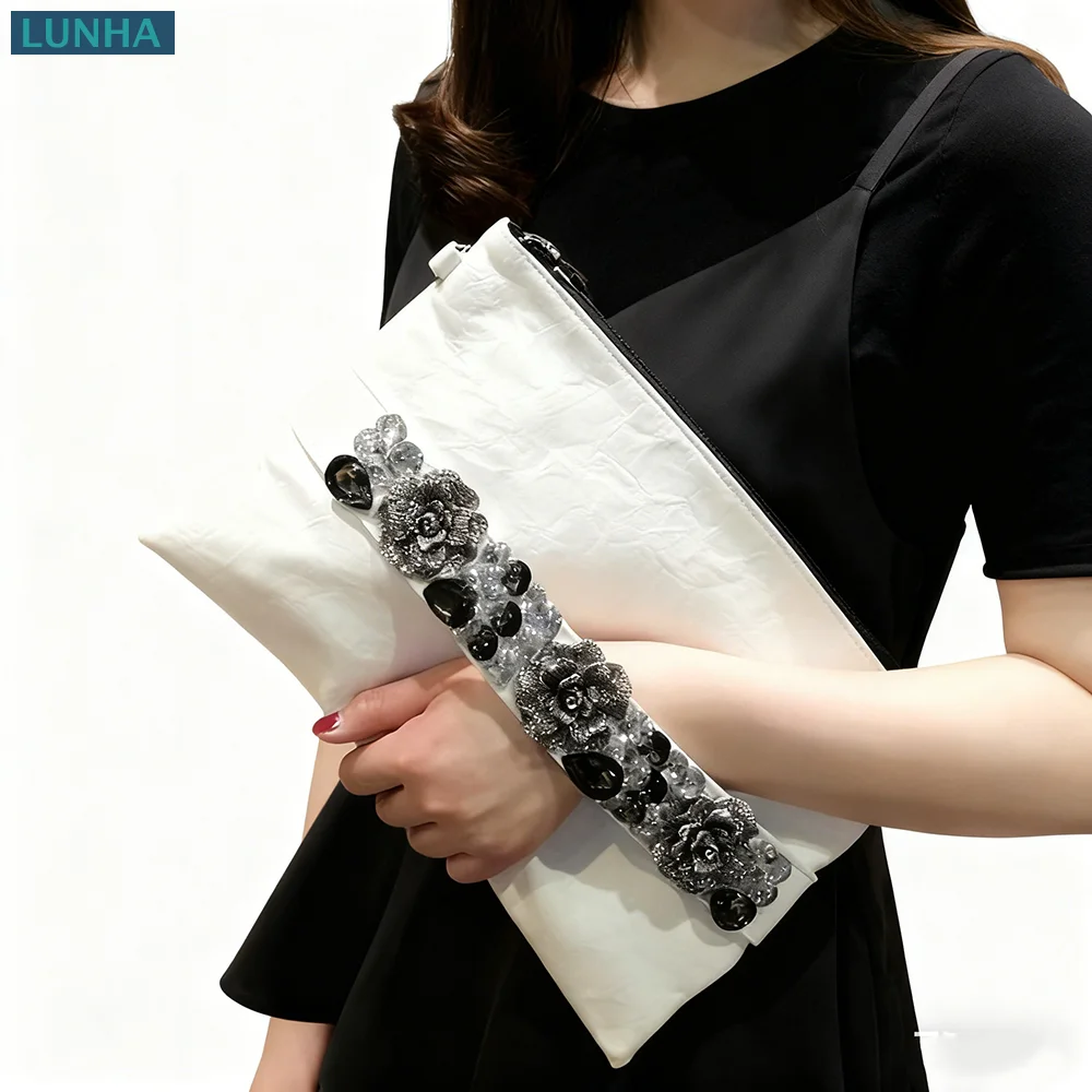 

Women's Soft PU Leather Wristlet Envelope Clutch Bag Luxury Elegant Shoulder Purse Bags with Rhinestones Flower Applique