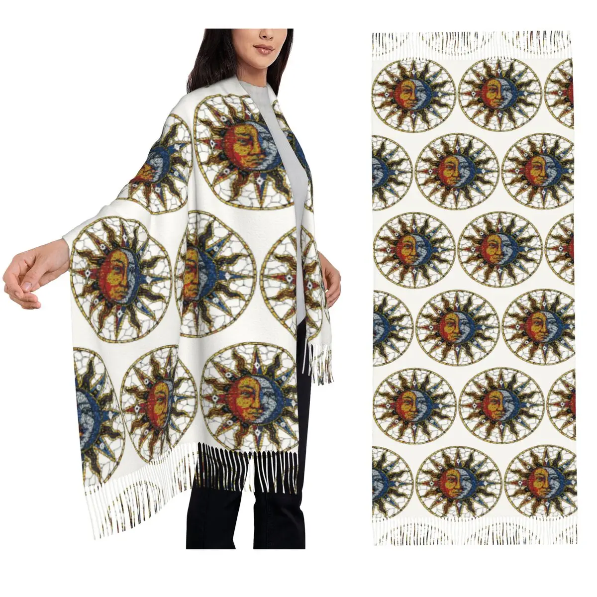 Celestial Mosaic Sun And Moon COASTER Scarf Tassel Scarves Women Soft Warm Shawls and Wraps Long Fall Winter Shawl Wrap
