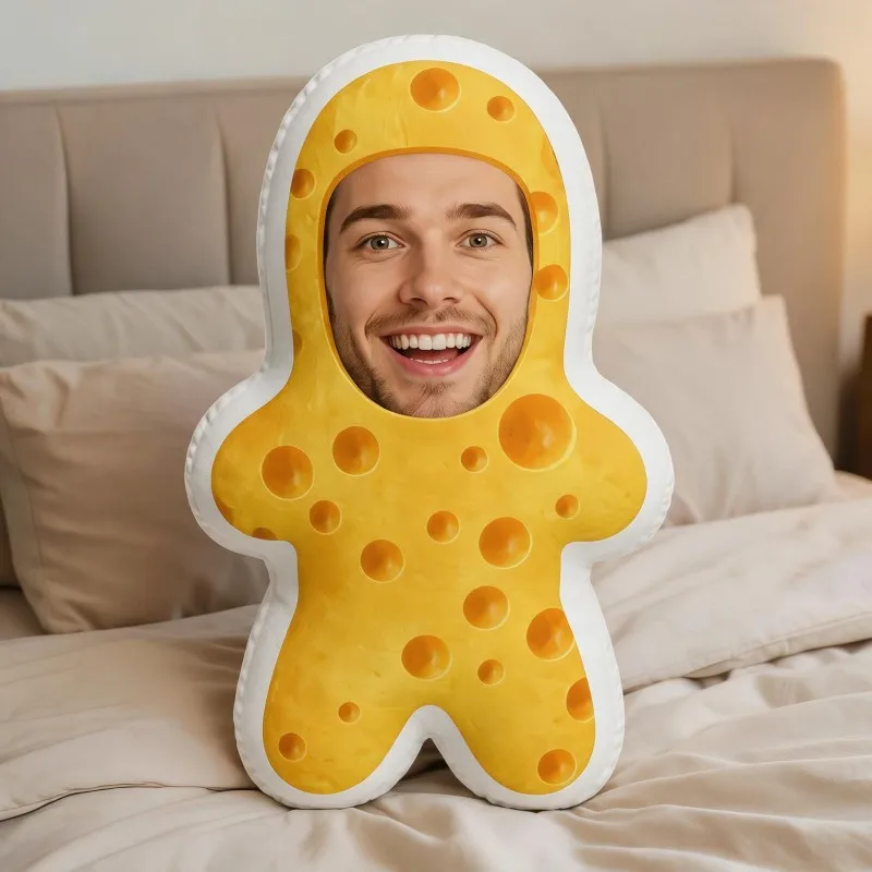 Custom Face Funny Cheese Costume Shaped Pillow, Personalized Photo Decorative Cushion with Smiling Expression, Unique Home Decor