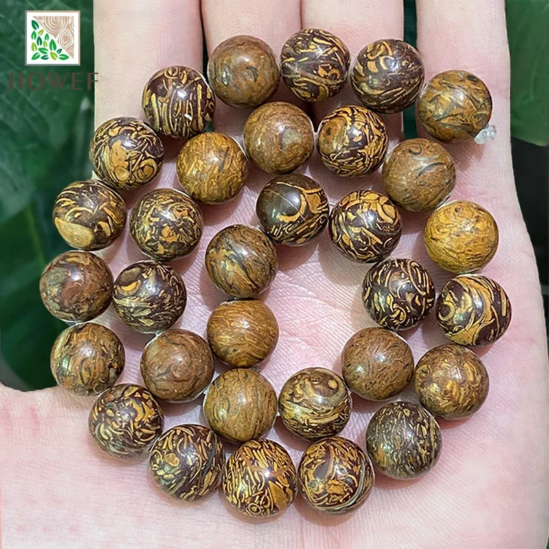 

4/6/8/10/12mm Gold Silk Wood Round Beads Natural Stone DIY Bracelet Necklace Charm Beads for Jewelry Making 15" Strand
