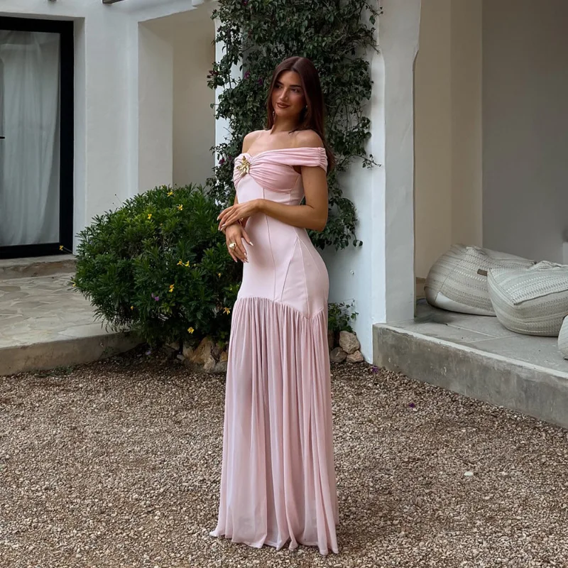 

Off-shoulder Backless Sexy Maxi Dress Women Metal Flower Pink Patchwork Sleeveless Ruched Pleated Club Party Dress 2025
