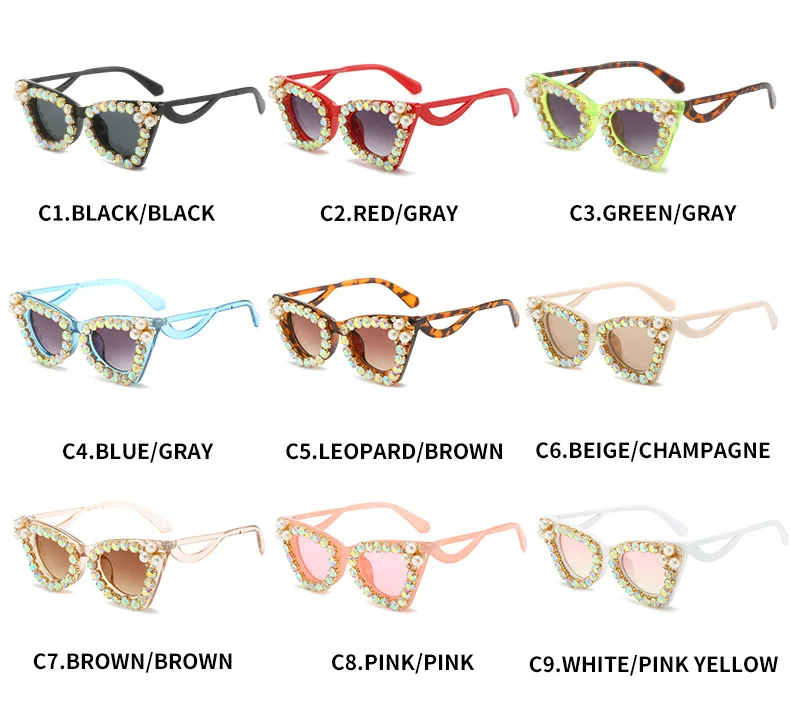 Glänzende Diamanten Cat Eye Sonnenbrille Frauen Luxus Perle Trends Punk Sonnenbrille weibliche Schatten UV400 Gradient Strass Brille – Detail 5
