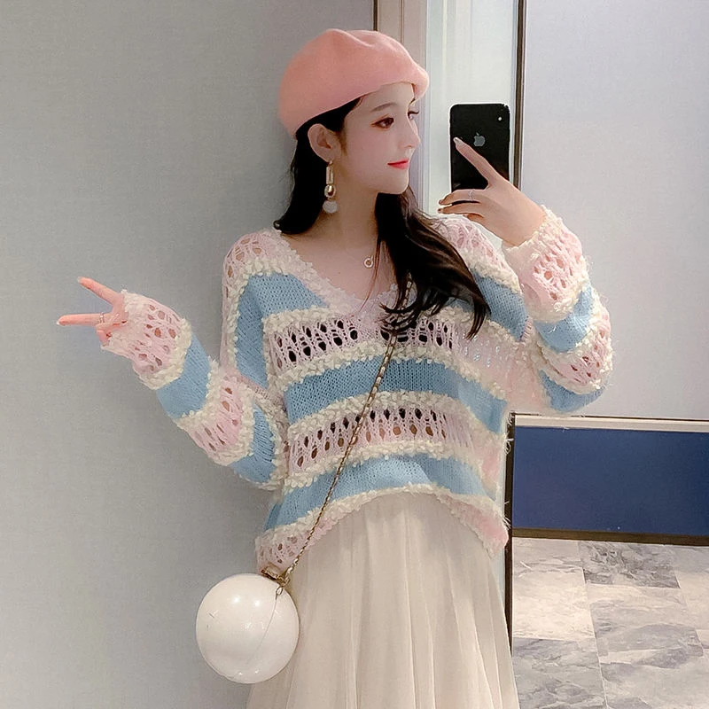 

Spring Summer Striped V Neck Long Sleeve Women Knitted Sweaters Fashion All-match Harajuku Rainbow Hollow Out Oversized Pullover