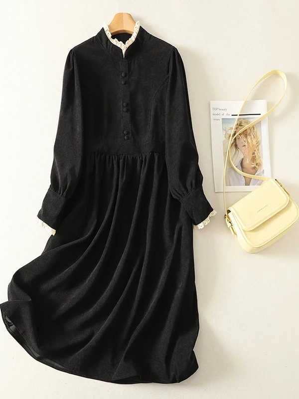 

Korean Japanese High End Lace Trim Skirt Large Size Casual Design Vintage Corduroy Dress Women's mid Length a Line Dress