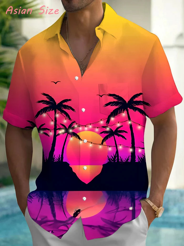 

New Men's Neon Coconut Tree Hawaiian Shirts Fashion Tropical Beach Short-sleeved Summer Shirt Men Button Casual Vacation Blouses
