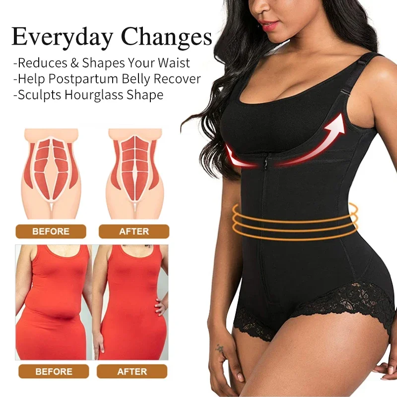 ผู้หญิง Shapewear ลด Girdles เอวเทรนเนอร์ Tummy ควบคุม Fajas โคลอมเบียหน้าท้องผู้หญิง Body Shaper ซิปเปิดหน้าอก Bodysuit