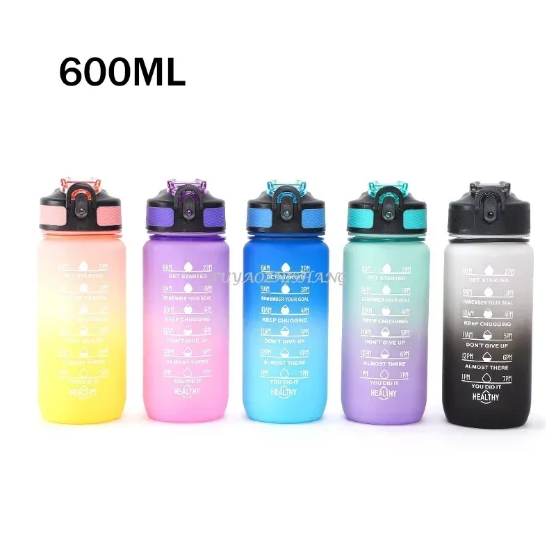 600ML Colorful Water Bottle Motivational Drinking Bottle Sports Water Bottle with Time Marker Portable Reusable Plastic Cups