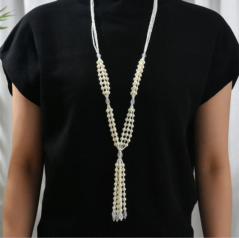 Kymyad Necklaces For Women Simulated Pearl Jewelry Necklace Multilayer Long Chains Necklace Beads Tassel Pendant Necklaces