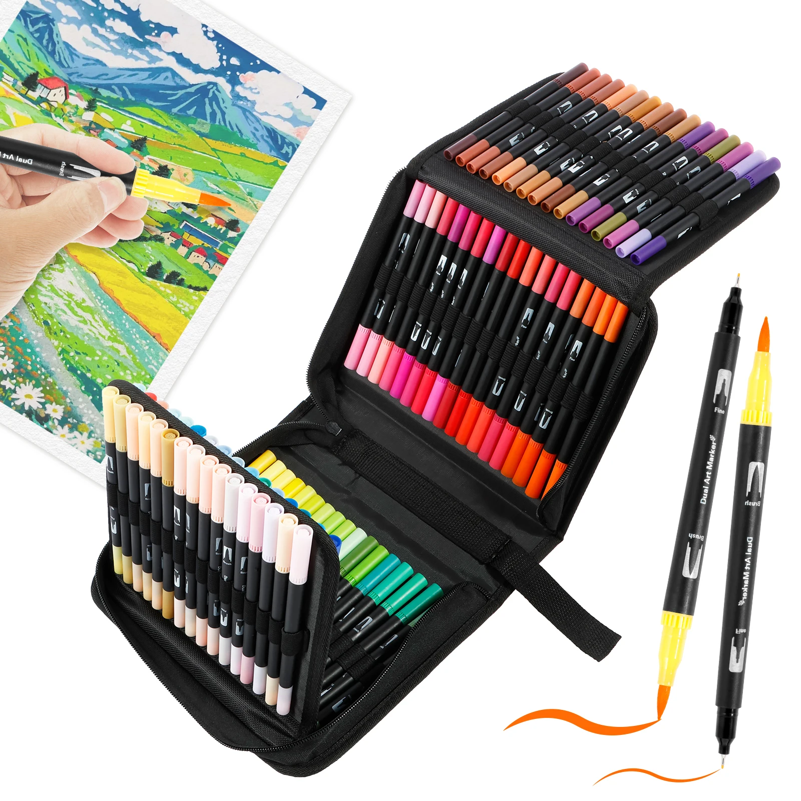 

100Pcs Double Tip Brush Pens Complete Double Brush Marker Pens with Oxford Cloth Bag Multifunctional Art Markers Set Practical