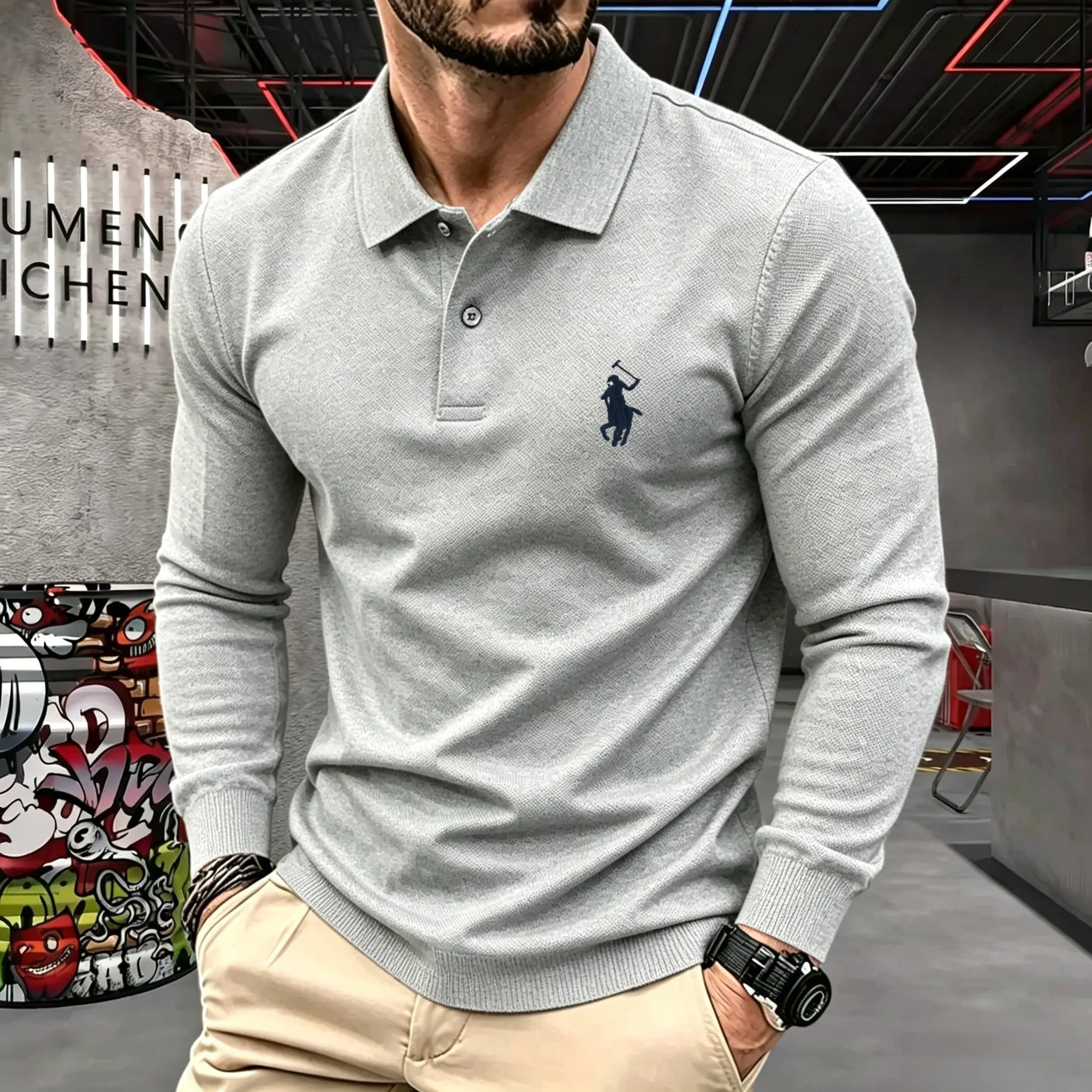 100% reine Baumwolle, hochwertiges Marken-Herren-Langarm-Poloshirt, Herbst-Winter, modisch, luxuriös, bestickt, Golf-Oberteil, lässiges T-Shirt – Detail 19