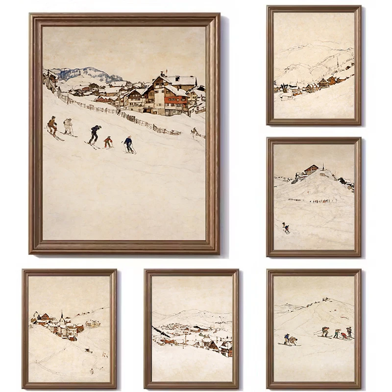 Vintage Winter Ski Resort Slopes Sports Snow Muontain Village Travel Scenery Poster Canvas Painting Wall Art Pictures Home De