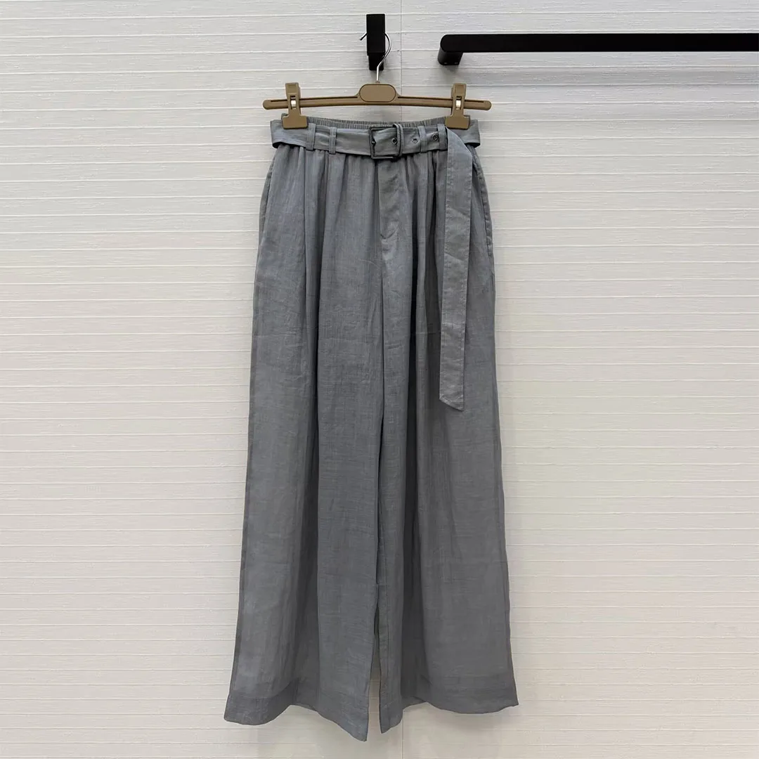 Luxury Old Money Style 100% Ramie Wide Leg Pants Women High Waist Sashes Solid Color Loose Casual Summer Trousers