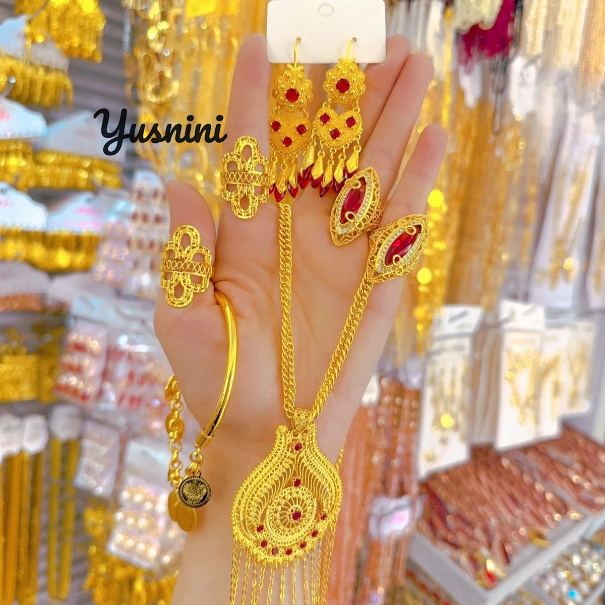 

Fashion Europe 24K Gold Plated High End Necklace Earrings Rings Bracelets Wedding Party Gifts Jewelry Set for Lovers DD11007