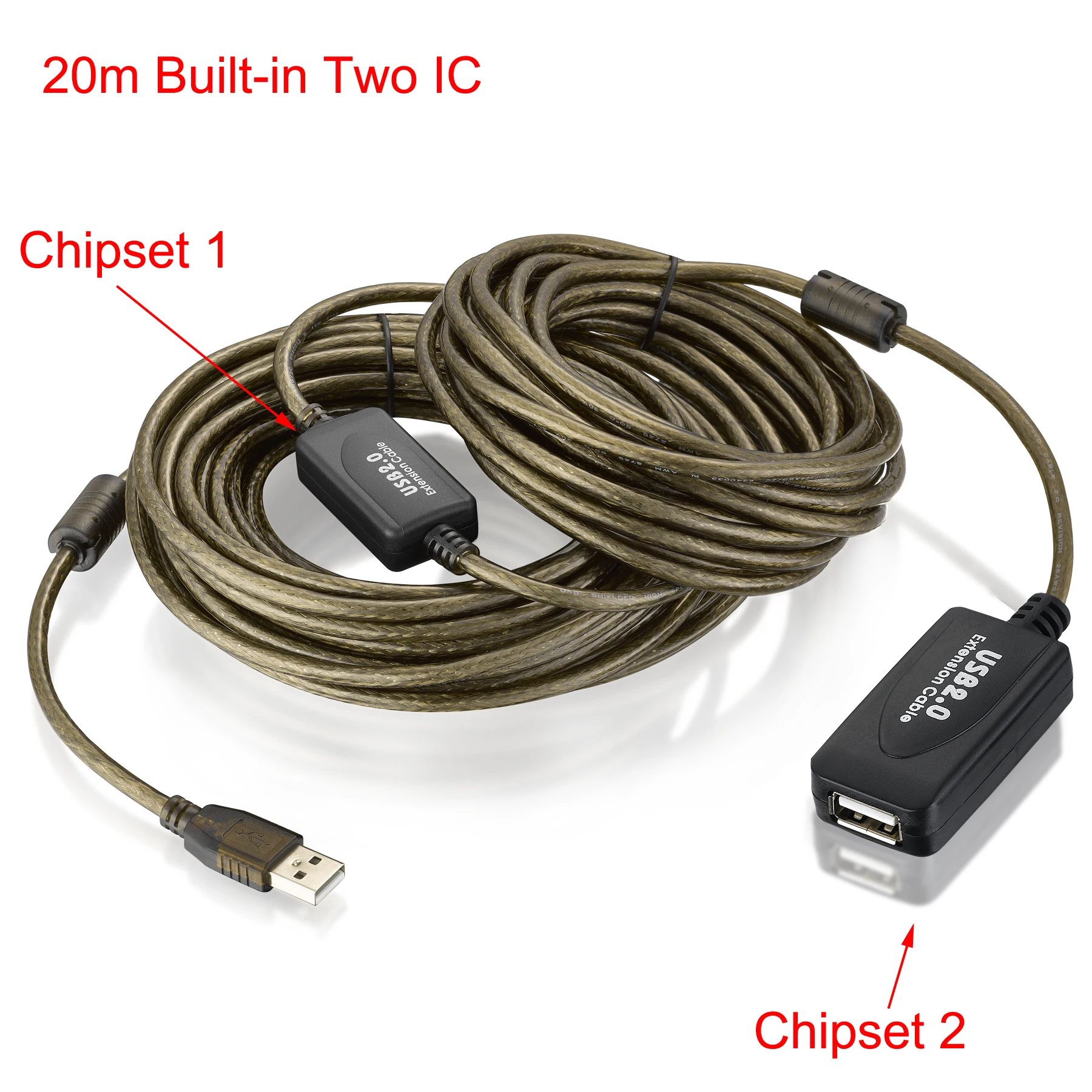 Bochara USB 2.0 Extension Cable Type A Male to Female Dual Shielding(Foil+Braided) Active Booster Chips 5m 10m 15m 20m 30m