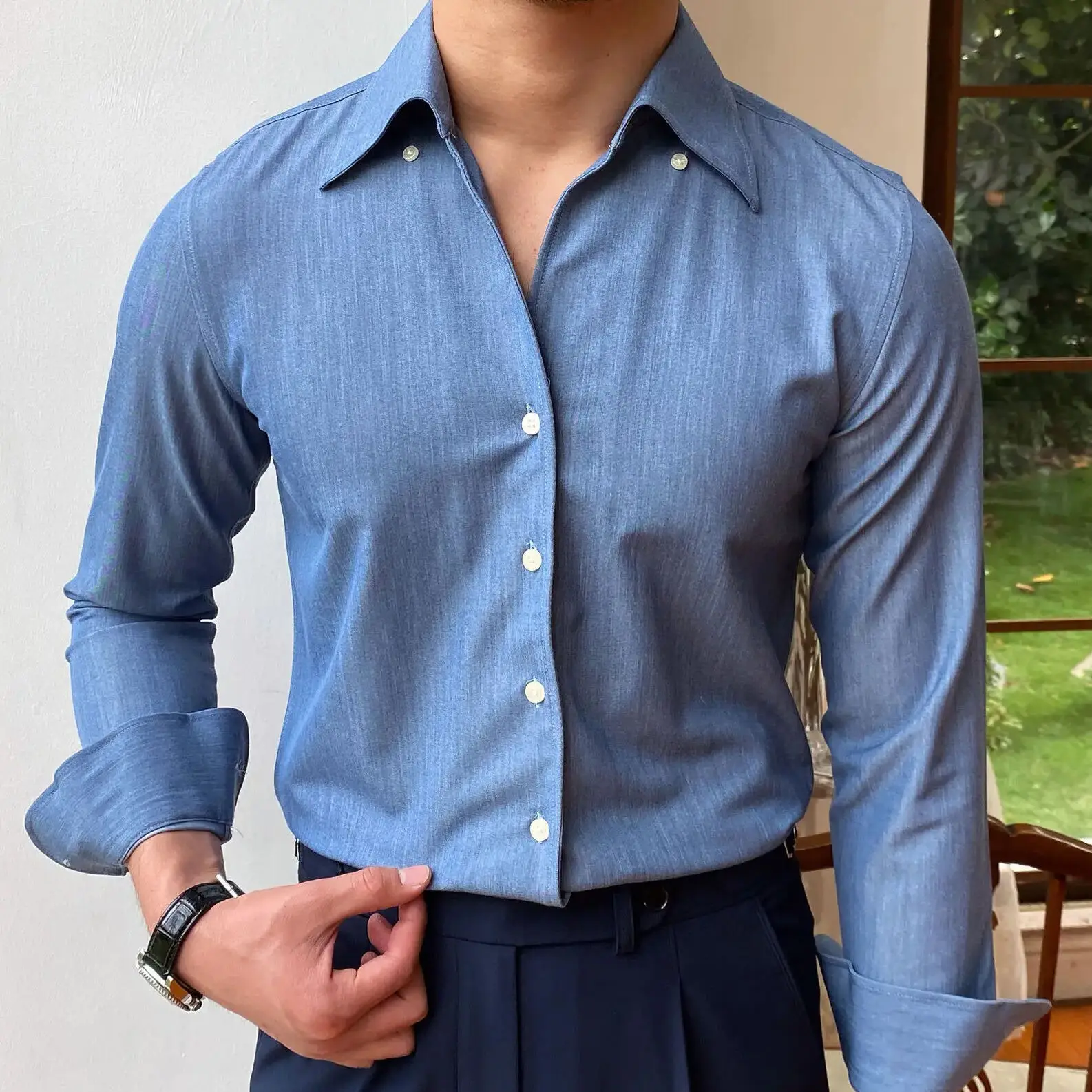 

British Style Casual All-match Solid Color Summer Shirt Trendy Denim Blue Business Formal Dress Shirt Long Sleeve Shirt Men