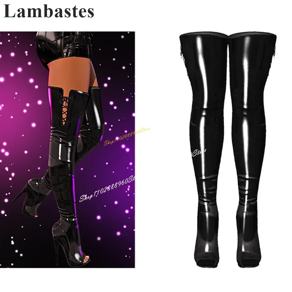 Thigh High Black Cross Tied String Decor Sandal Boots Thin High Heel Women Shoes Peep Toe 2024 Fashionable Zapatos Para Mujere