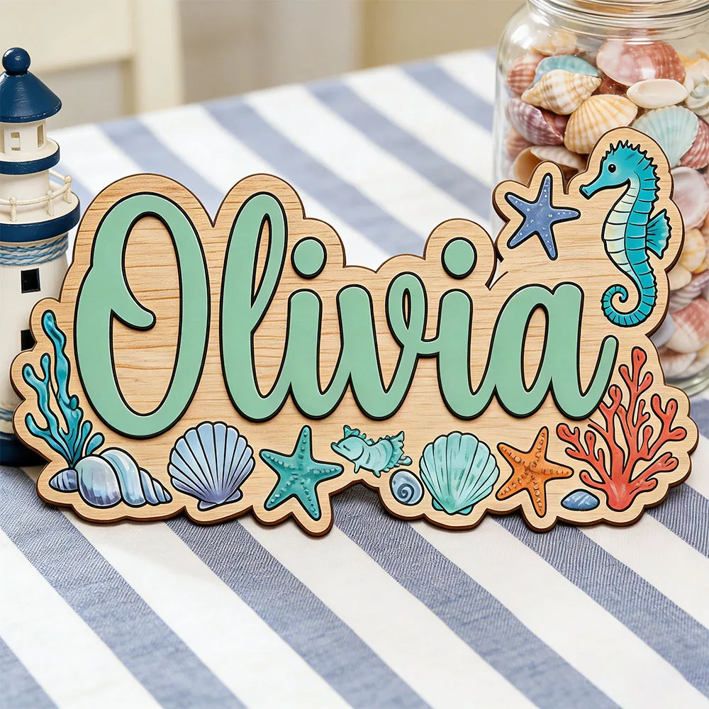 Magical Marine Life Personalized Name Sign, Neutral 3D Wooden Nursery Decor with Seahorses & Seashells, Custom Kids Room Door Si
