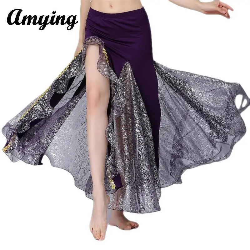 

Belly Dance Stage Costume Girl Sexy Sequin Split Swing Dancer Dress Competition Outfit Performance Dress Women Half Skirt