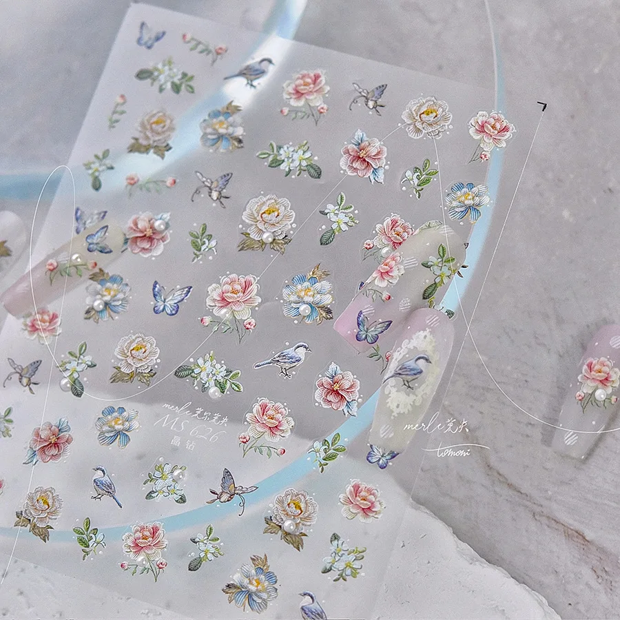 1pcs 5D Diamond Pearl Peony Nail Art Sticker 5D Relief Colorful Flower Self-Adhesive Stickers Nail Decorations Slider Decals DIY
