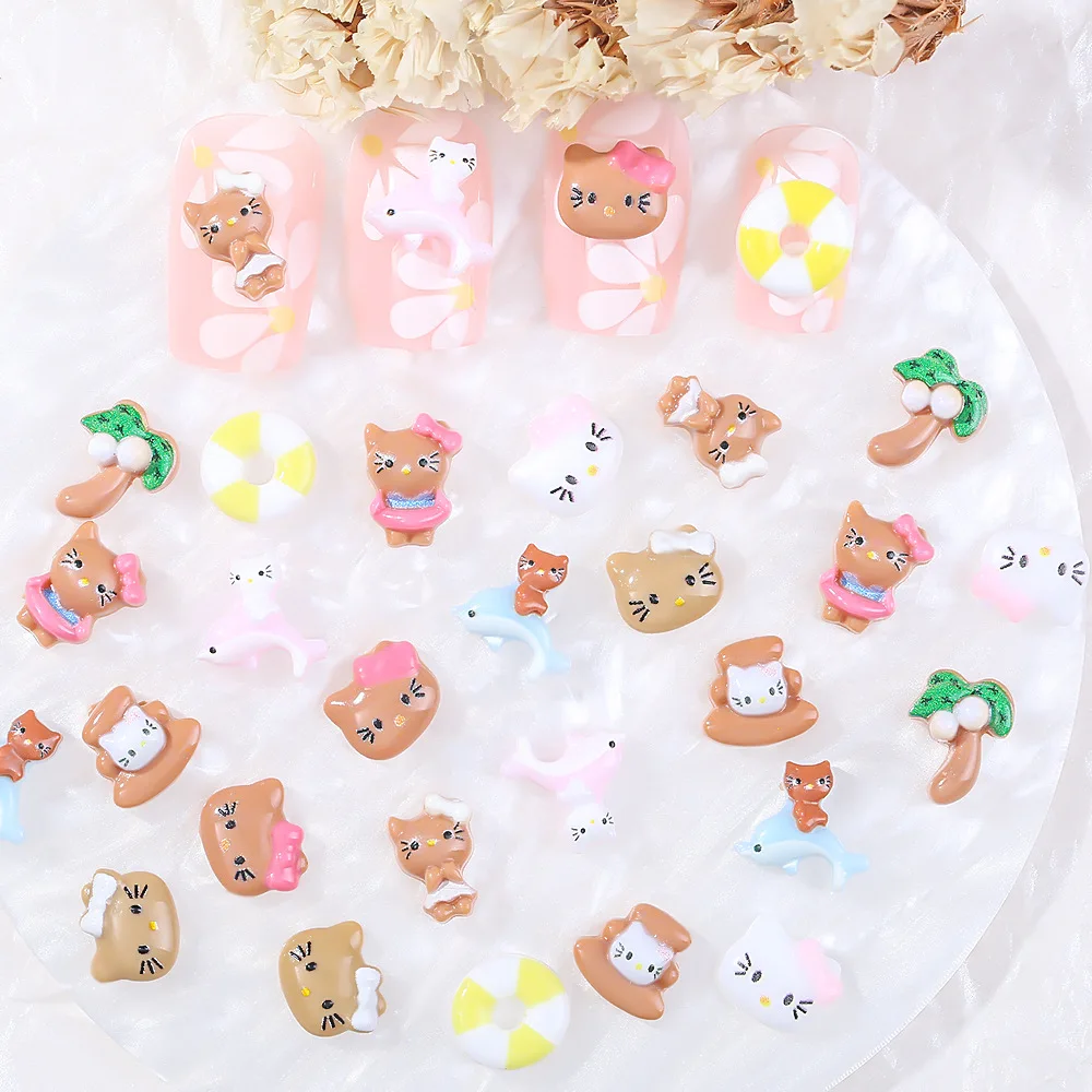 Y2K Hello Kitty 10Pcs Diy Nail Patches Kawaii Anime Sanrioed Cartoon Alloy Full Diamond Girly Heart Diy 3D Nail Art Accessories