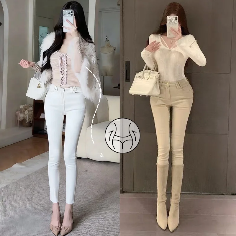 High Waist Slim Fit Jeans Women's Spring New Style Padded Hip Enhancing Long Cotton Elastic Denim Casual Trousers
