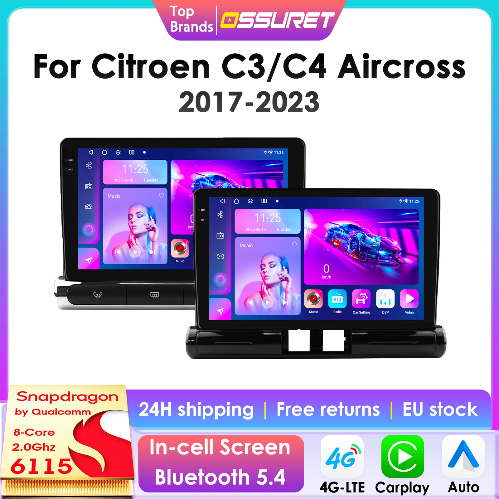 Autoradio Android 13, 8 Go/128 Go, GPS, 4G, Carplay, Sans Fil, 2Din, avec Caméra 2017, pour Voiture C3 Aircross 2023-360