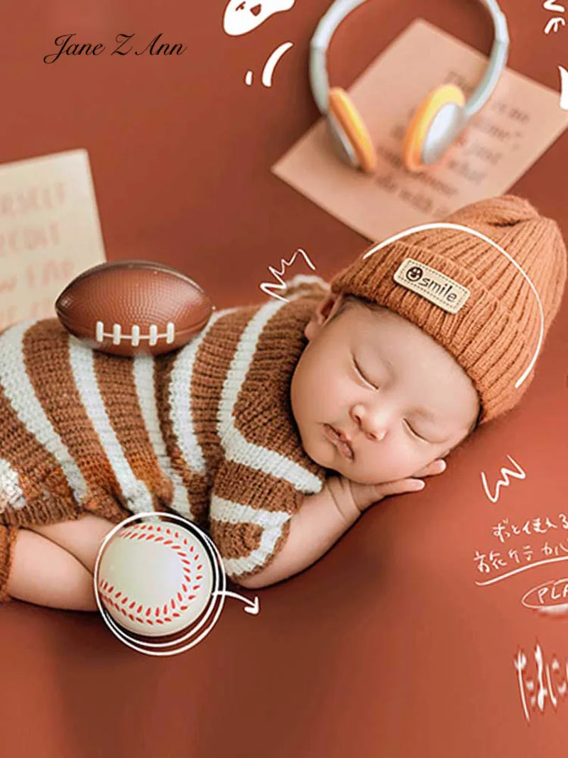 Newborn baby boy photo props brown bonnet+striped clothes+socks studio sports style shooting outfits