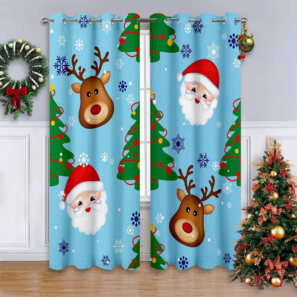 2pcs Curtains With Cartoon Reindeer And Santa Claus Prints—Christmas Decor For Children's Rooms, New Year's Gift.
