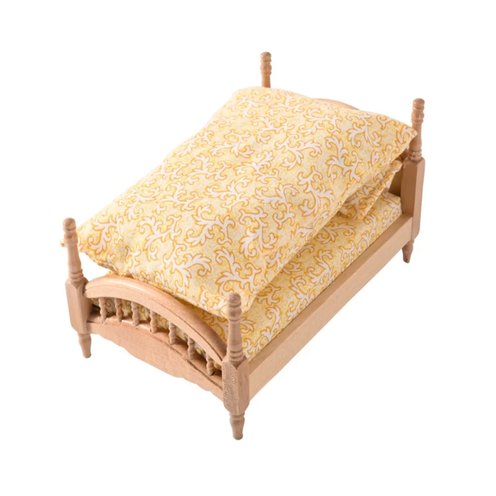

Children Gift 1:12 Dollhouse Wood Bed Bedroom Model Living Miniature Wood Bed DIY Scene Decor Simulation Single Bed Kids Toy