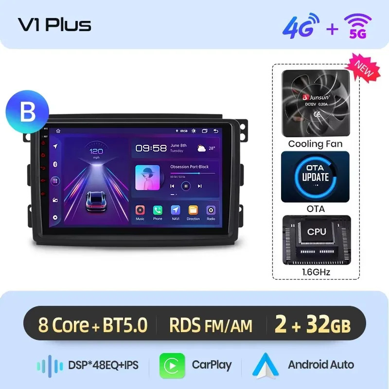 Junsun draadloze CarPlay Android Auto autoradio voor Smart Fortwo (W451) 2007-2014 met ingebouwde koelventilator, Android GPS navigatie, multimediaspeler, WiFi, DSP, RDS, BT, SWC, IPS touchscreen,