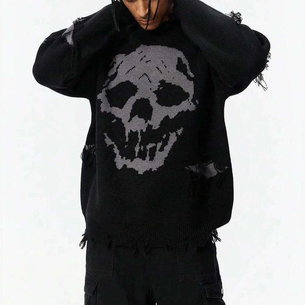 Men's Black Skull Sweater Distressed Knit Pullover Gothic Grunge Graphic Crew Neck Ripped Hem Punk Streetwear Autumn Winter 2026
