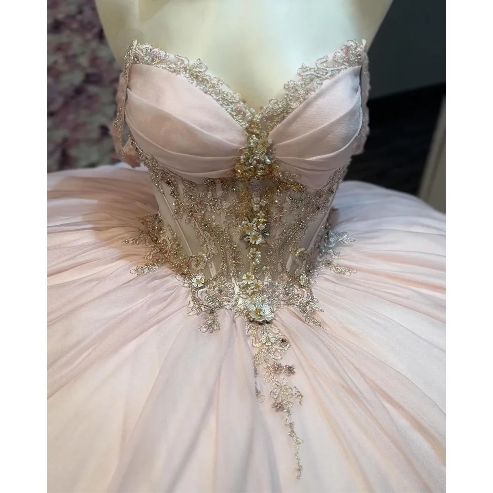 Pink Princess Quinceanera Dresses Off Shoulder Appliques Beads Tull Corset Sweet 16 Birthday Vestido 15 Anos