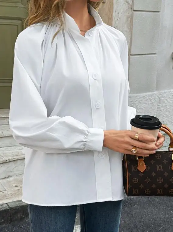 

Весна/Лето 2026, женский однотонный прямой топ с воротником-стойкой для поездок на работу и отдыха, базовый модный дизайн